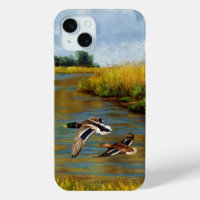 Mallard Ducks Flying Over Pond