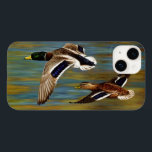 Mallard Ducks Flying Over Pond Case-Mate iPhone 14 Case<br><div class="desc">Male and female mallard ducks in flight over a golden pond,  water rippling to reflect the colours of the background autumn foliage glowing in the sunlight. Realistic artwork created from an original oil painting by wildlife artist Crista S. Forest.</div>