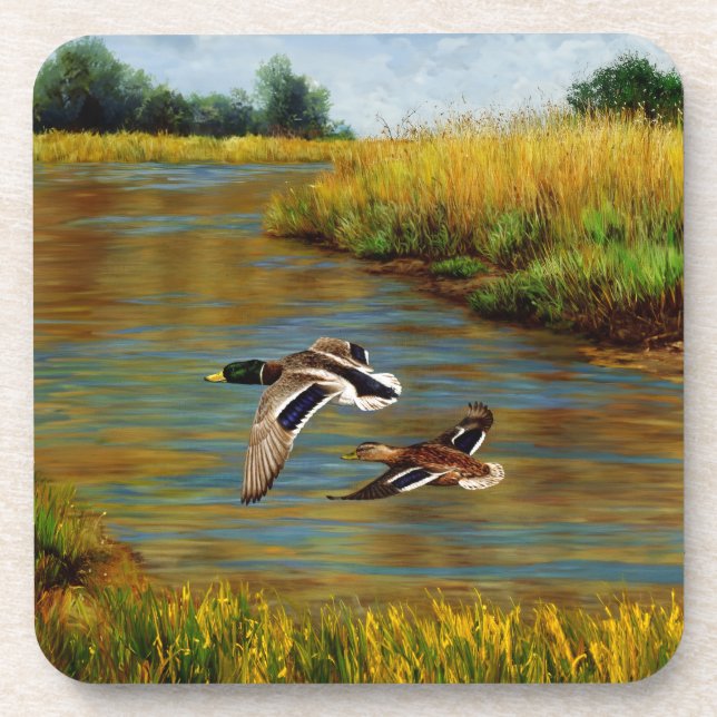 Mallard Ducks Flying Over Pond Coaster (Front)