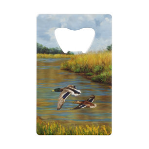 Mallard Ducks Flying Over Pond Credit Card Bottle Opener