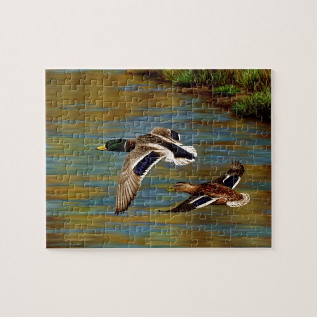 Mallard Ducks Flying Over Pond Jigsaw Puzzle (Horizontal)