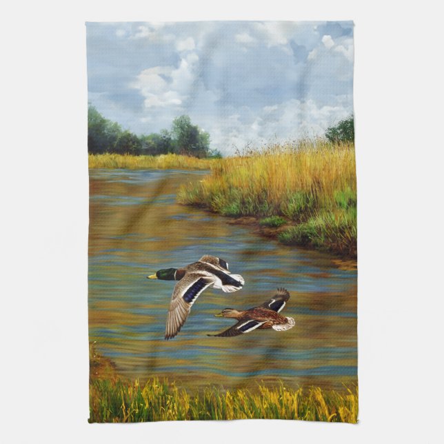 Mallard Ducks Flying Over Pond Kitchen Towel (Vertical)
