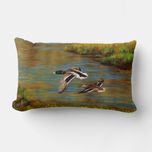 Mallard Ducks Flying Over Pond Lumbar Pillow