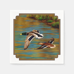 Mallard Ducks Flying Over Pond Napkin