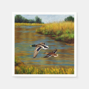 Mallard Ducks Flying Over Pond Napkin