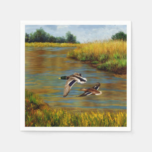 Mallard Ducks Flying Over Pond Napkin