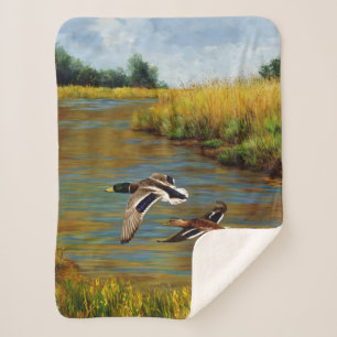 Mallard Ducks Flying Over Pond Sherpa Blanket