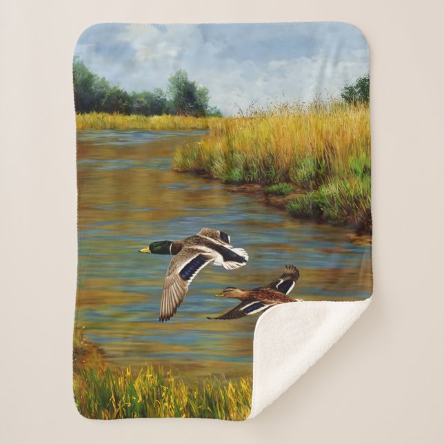 Mallard Ducks Flying Over Pond Sherpa Blanket (Front)