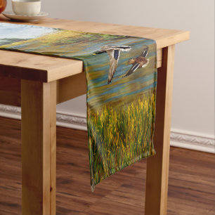 Mallard Ducks Flying Over Pond Short Table Runner
