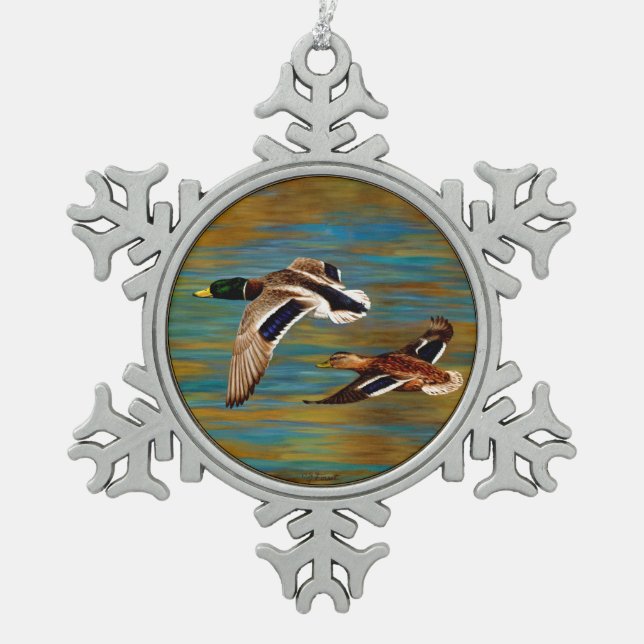 Mallard Ducks Flying Over Pond Snowflake Pewter Christmas Ornament (Front)