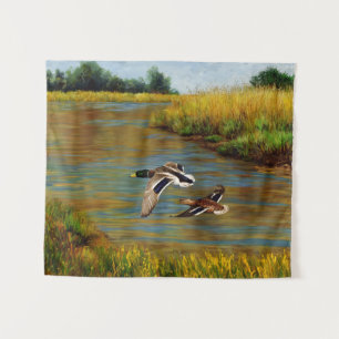 Mallard Ducks Flying Over Pond Tapestry