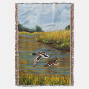 Mallard Ducks Flying Over Pond Throw Blanket