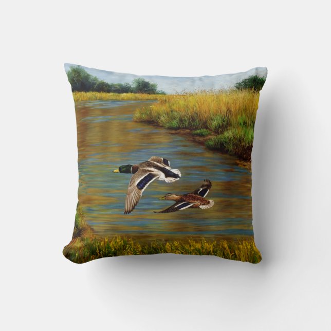 Mallard Ducks Flying Over Pond Throw Pillow (Front)