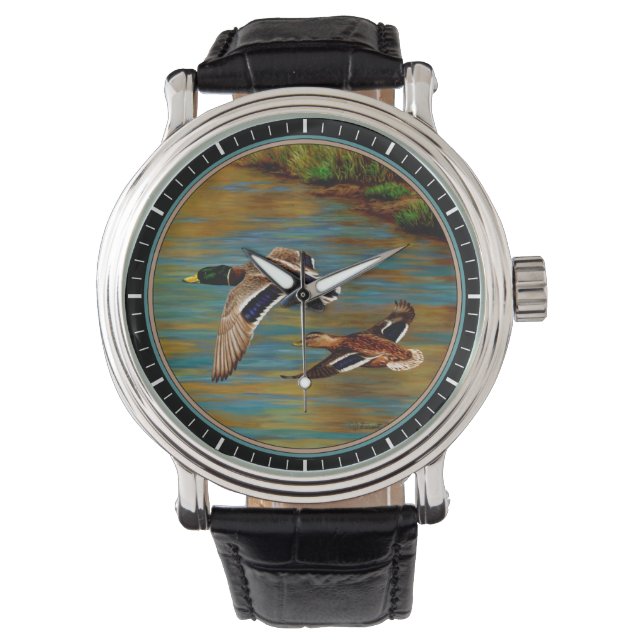 Mallard Ducks Flying Over Pond Watch (Front)