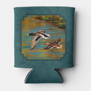 Mallard Ducks in Flight Teal Can Cooler