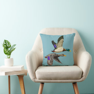 Mallard ducks in flight  throw pillow