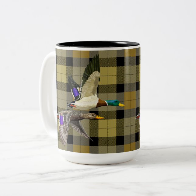 Mallard Ducks On Plaid Two-Tone Coffee Mug (Front Left)