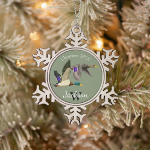 Mallard ducks  snowflake pewter christmas ornament