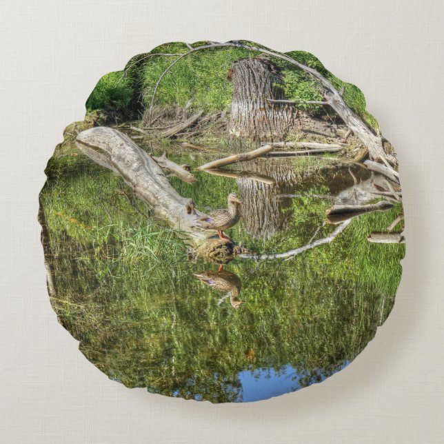 Mallard on Pond Round Pillow (Front)