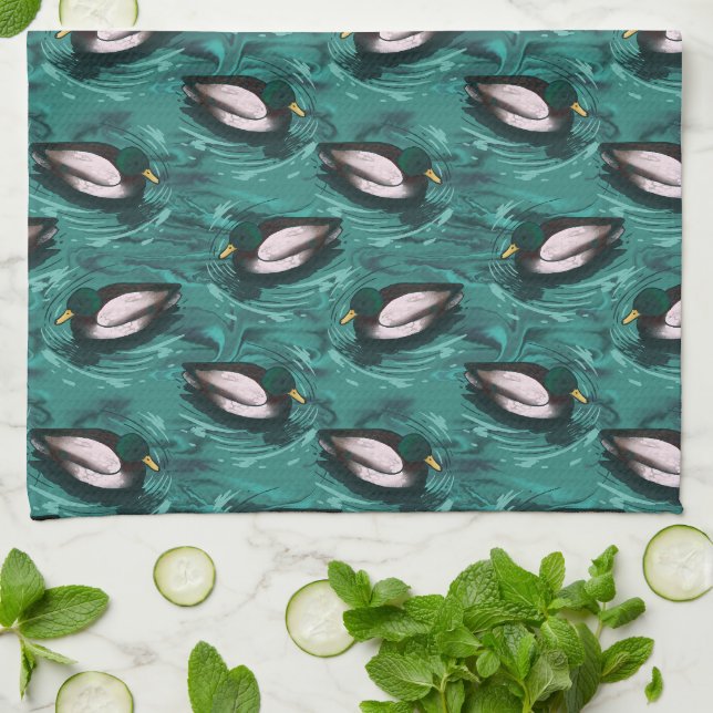 Mallards Swimming in the Water Pattern Kitchen Towel (Folded)