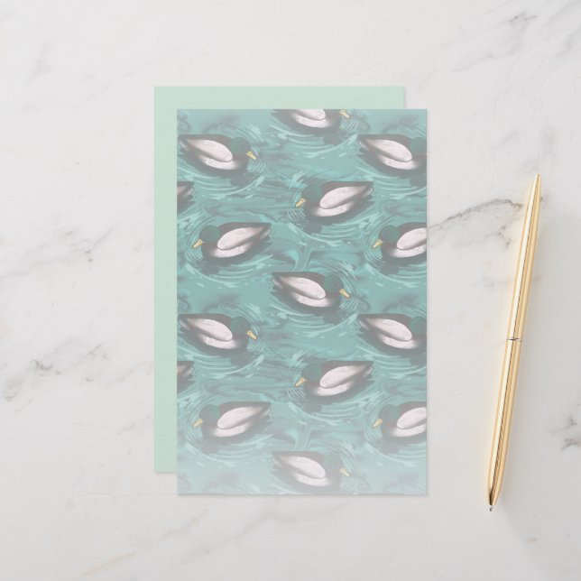 Mallards Swimming in the Water Pattern Stationery (Front/Back In Situ)
