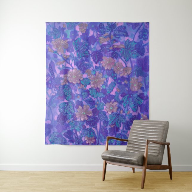 Mallow Bloom, Malva Flowers Floral Painting Purple Tapestry (In Situ)