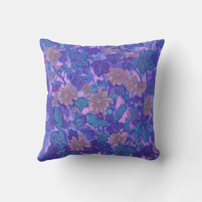 Mallow Bloom, Malva Flowers Floral Painting Purple Throw Pillow (Back)