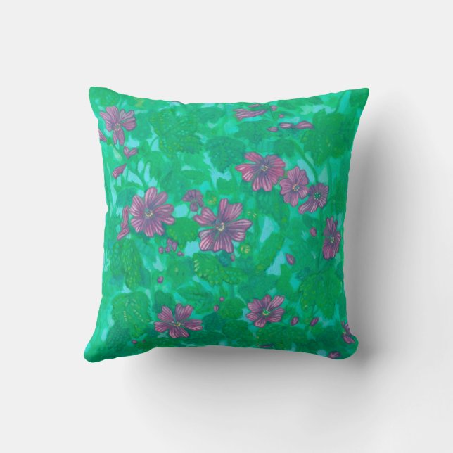 Mallow Bloom, Malva Flowers Summer Floral Painting Throw Pillow (Back)