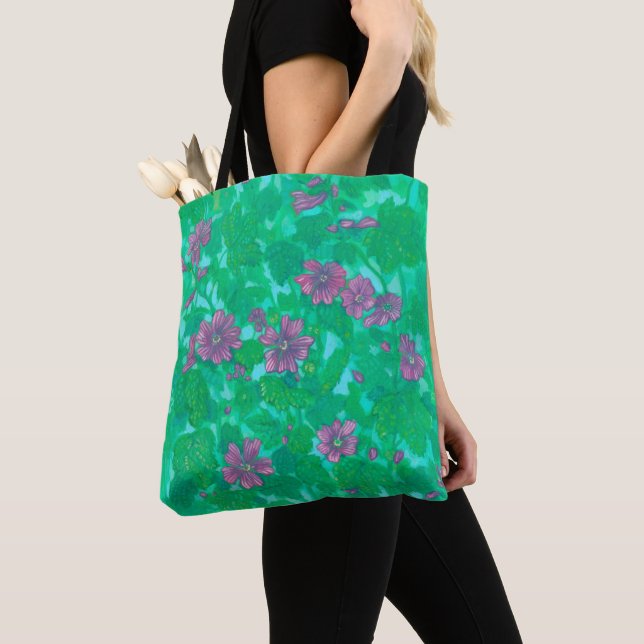 Mallow Bloom, Malva Flowers Summer Floral Painting Tote Bag (Close Up)