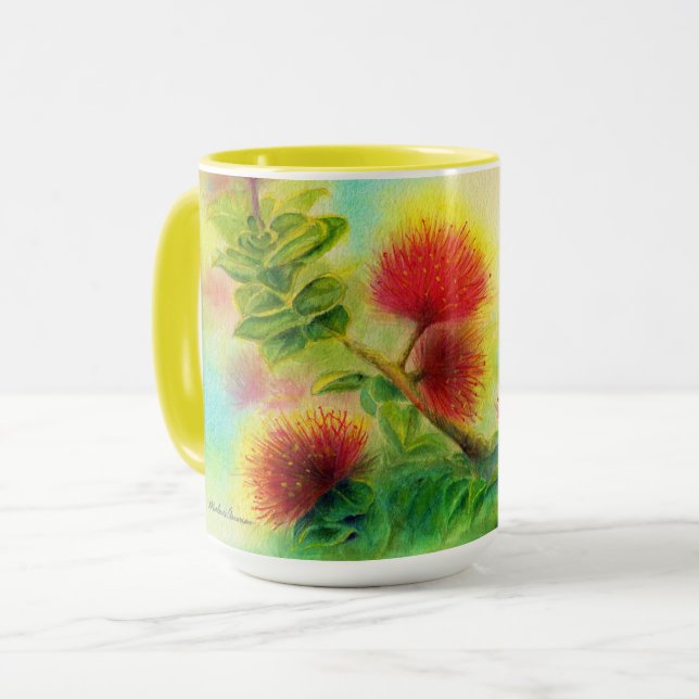 Malorie Arisumi Ohia Lehua Blossom mug yellow trim (Front Left)