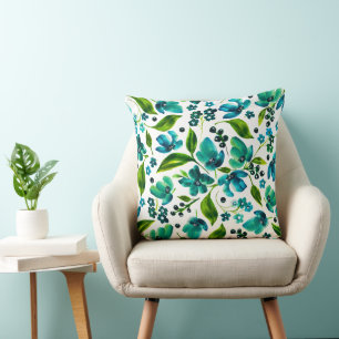 Malorie - Teal Blue and Green Watercolor Floral Throw Pillow