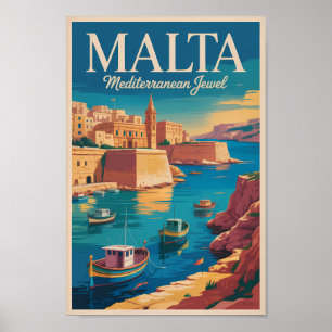 Malta Coast Illustration Travel Art Vintage Poster