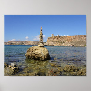 Malta Ghajn Tuffieha Bay Stone Cairn Poster