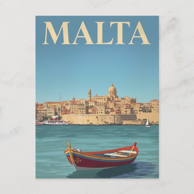 Malta Harbour Vintage Travel Art Postcard (Front)