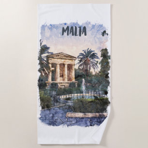 Malta Watercolor Mediterranean Vintage Travel Beach Towel