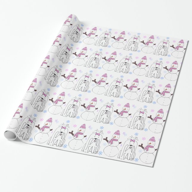 Maltese And Snowman Wrapping Paper (Unrolled)