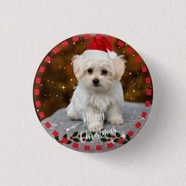 Maltese Christmas Puppy 1 Inch Round Button (Front)