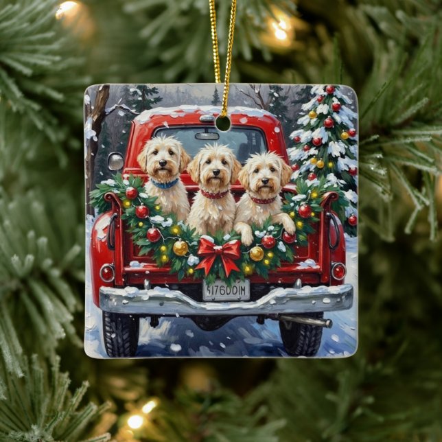 Maltese Christmas Red Truck Holiday Ceramic Ornament (Tree)