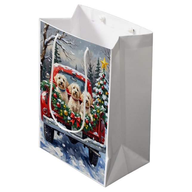 Maltese Christmas Red Truck Holiday Medium Gift Bag (Front Angled)