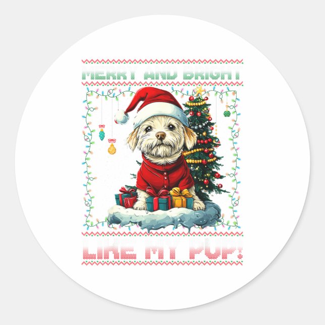 Maltese Christmas Tree Lights Decorations Dog Love Classic Round Sticker (Front)