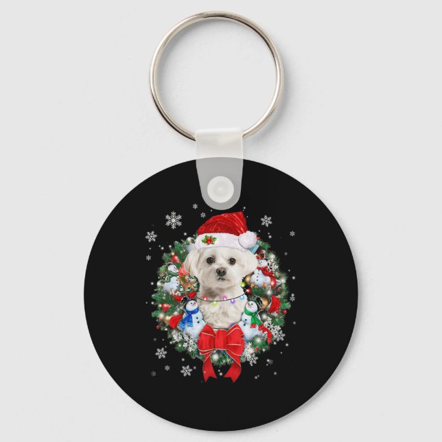 Maltese Christmas Wreath Decoration Xmas Pyjamas  Keychain (Front)