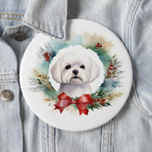 Maltese Christmas Wreath Festive Pup 6 Inch Round Button
