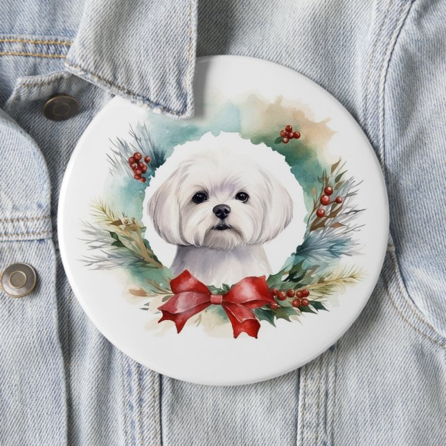 Maltese Christmas Wreath Festive Pup  6 Inch Round Button (In Situ)
