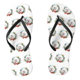 Maltese Christmas Wreath Festive Pup  Flip Flops