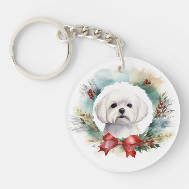 Maltese Christmas Wreath Festive Pup  Keychain (Front)
