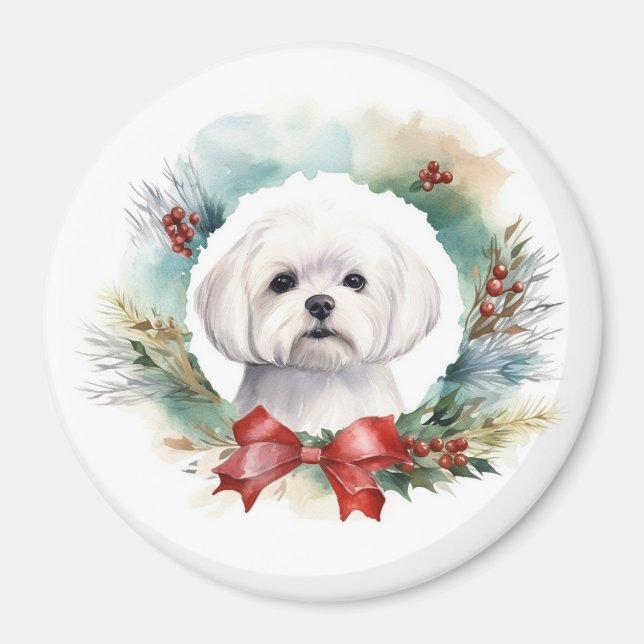 Maltese Christmas Wreath Festive Pup  Magnet (Front)