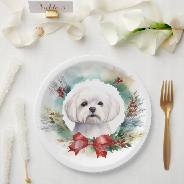 Maltese Christmas Wreath Festive Pup  Paper Plate (Wedding)