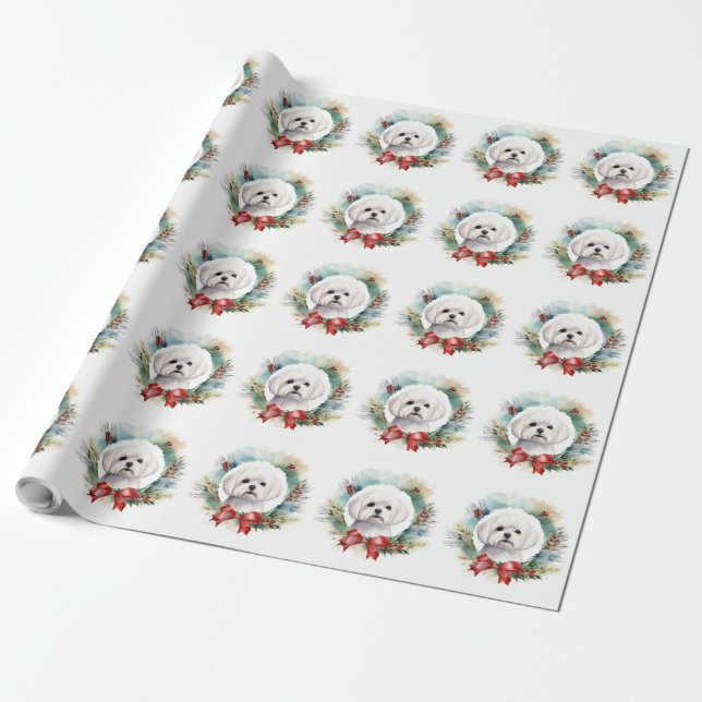 Maltese Christmas Wreath Festive Pup  Wrapping Paper (Unrolled)
