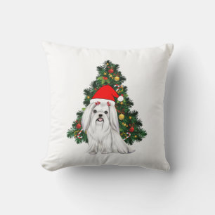 Maltese Christmas, Xmas Maltese Dog with Santa hat Throw Pillow