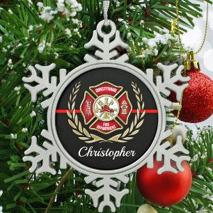 Maltese Cross Personalized Firefighter Snowflake Pewter Christmas Ornament